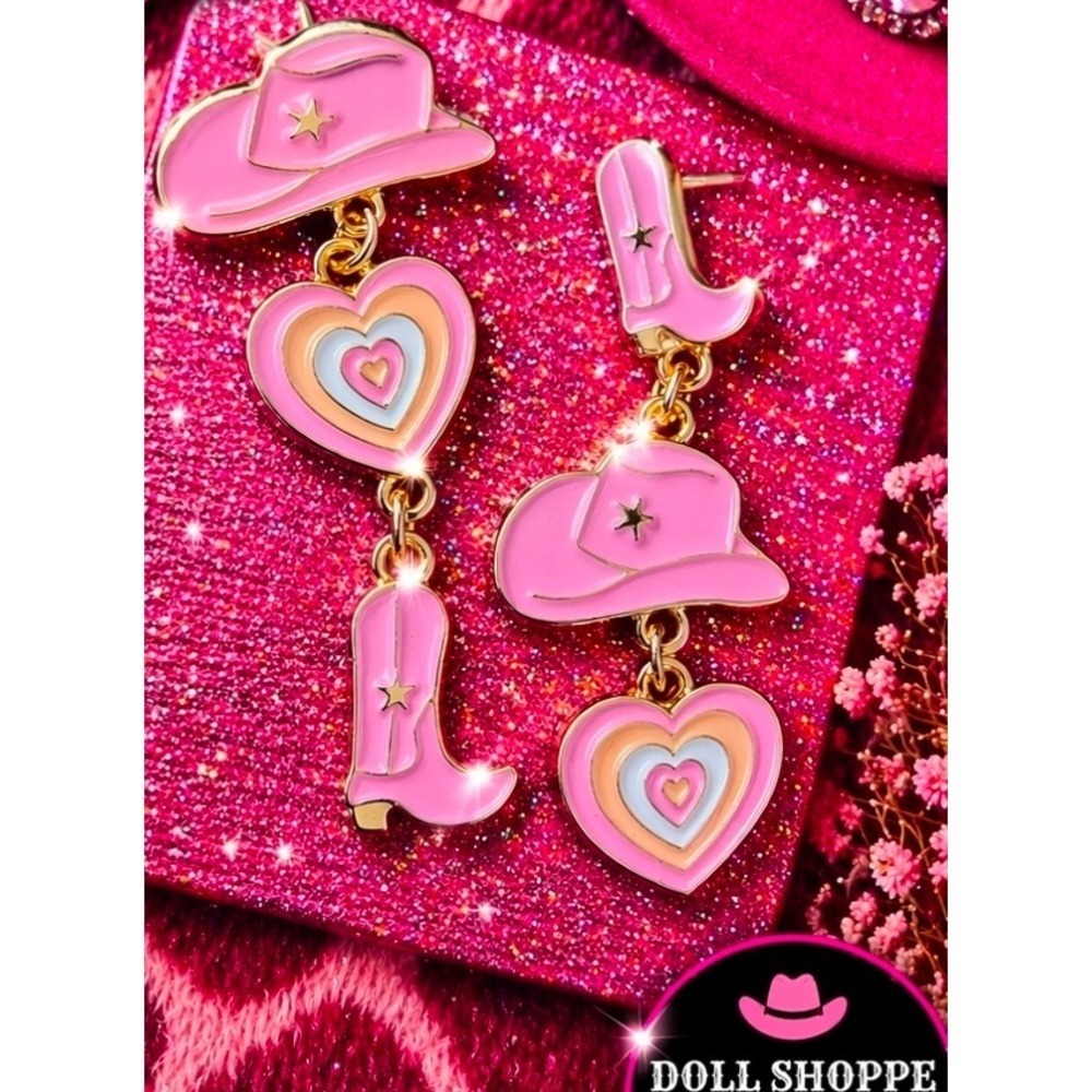 Barbie Western Pink Cowgirl Charm Earrings | Gold Tone Hat Boot Heart pair